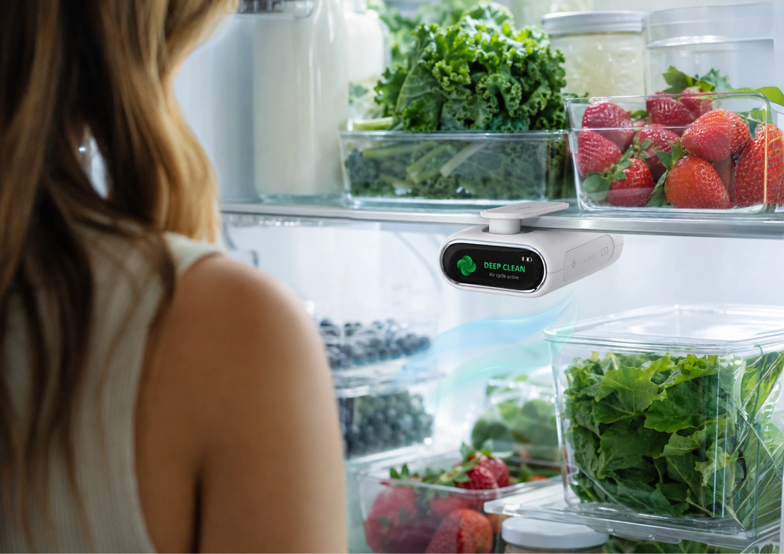 APRILIGHT mounted to a refrigerator shelf beside fresh food