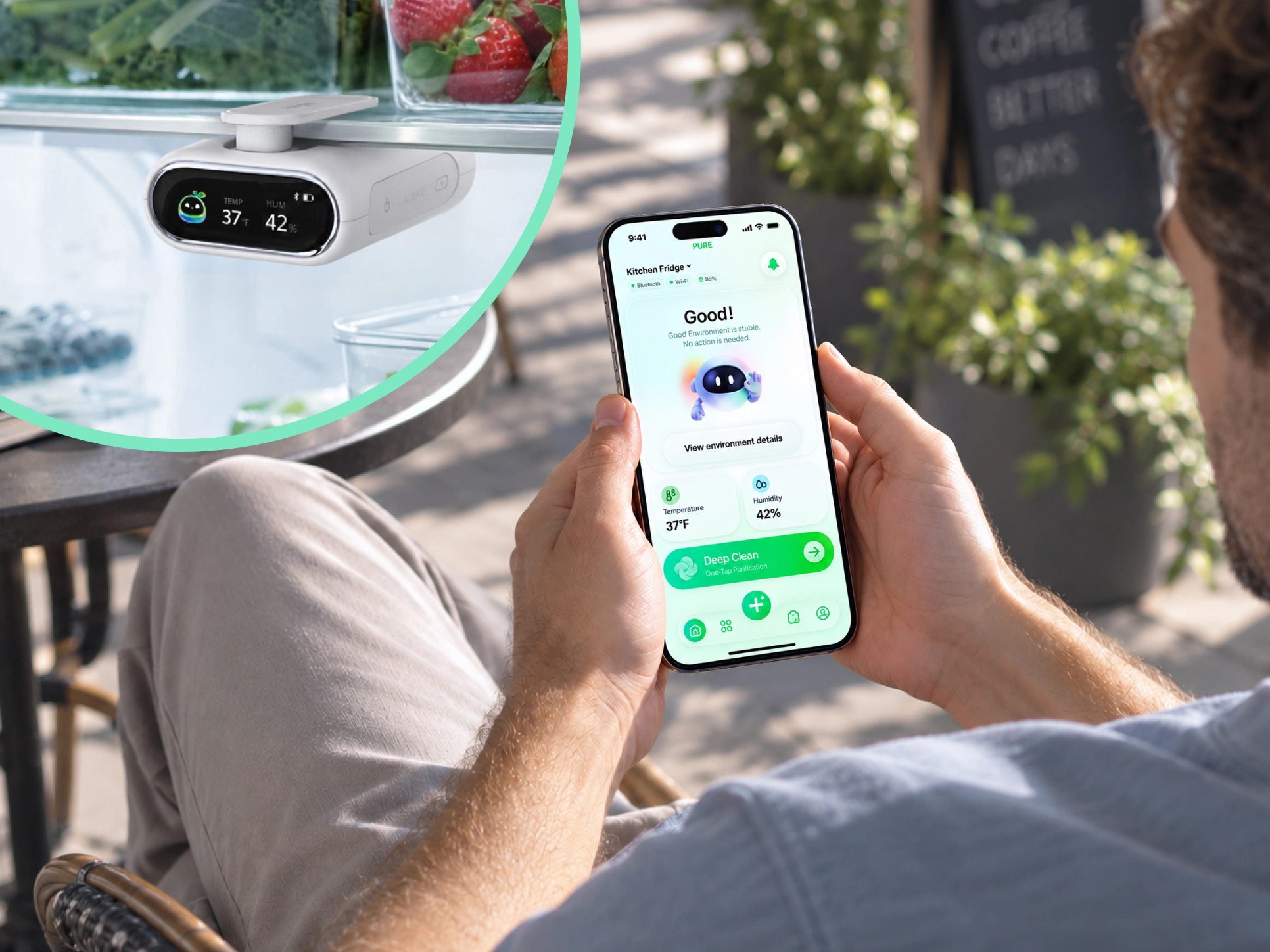 Checking fridge conditions in the PURE app from the living room